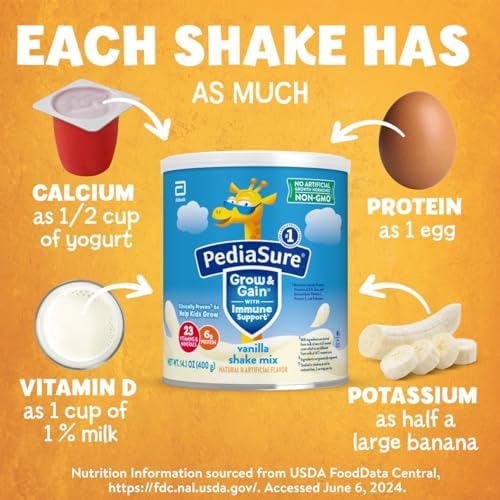 PediaSure Grow & Gain with Immune Support Shake Mix Powder, 23 Vitamins & Minerals, 6g Protein, Non-GMO, Gluten-Free, Kids Nutrition, Vanilla, 14.1 oz Can, Pack of 6-48 servings