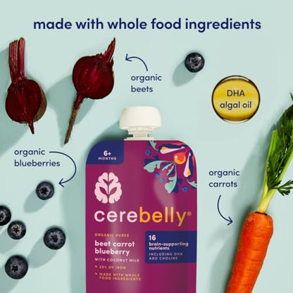Cerebelly Organic Baby Food Pouches – Organic Veggie Purees for Toddlers | No Added Sugar, Fiber, Non-GMO | Blended Toddler Food | 4oz BPA-Free Baby Food | Beet Carrot Blueberry | 12 Count