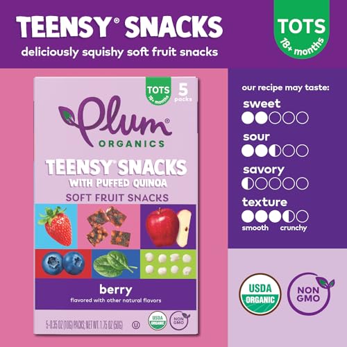 Plum Organics Teensy Snacks Soft Fruit Snacks - Berry with Puffed Quinoa - 0.35 oz Bags (Pack of 40) - Organic Toddler Food Fruit Snacks