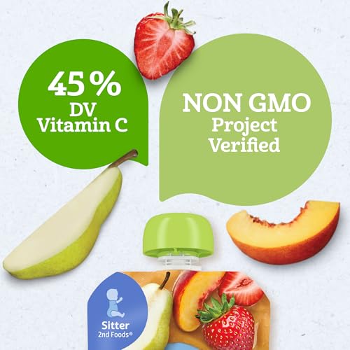 Gerber Stage 2 Baby Food, Organic Pear Peach Strawberry Puree Pouch, 2 Servings of Fruit, No Added Sweetener, No Artificial Colors or Flavors, 12-Pack