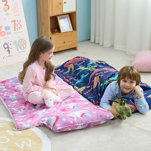 JOIEDOMI Toddler Nap Mat for Preschool 55''x30'' Sleeping Mat with Removable Pillow and Minky Blanket for Kids Ages 3-7 Roll Up Soft Kids Sleeping Bag for Boys Girls Kindergarten Daycare Sleepover