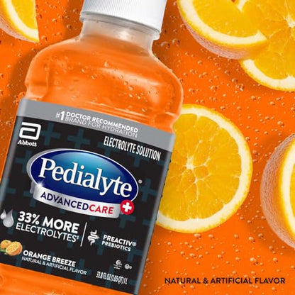 Pedialyte AdvancedCare Plus Electrolyte Hydration Drink, Has 33% More Electrolytes and Has PreActiv Prebiotics, Orange Breeze, 1 Liter, Pack of 4