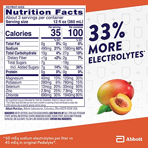 Pedialyte with Immune Support, Peach Mango, 4 Count, Electrolyte Hydration Drink, with Zinc, Selenium, and Magnesium, 1 Liter (Pack of 2)