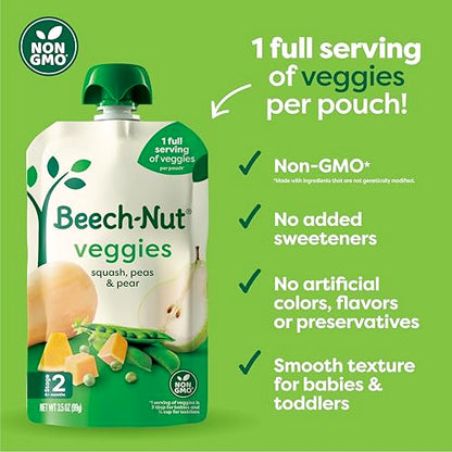 Beech-Nut Baby Food Pouches, Squash Peas Pears Veggie Puree Baby & Toddler Food, 3.5 oz (12 Pack)