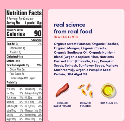 Cerebelly Organic Baby Food Pouches – Dairy Free Smoothies for Toddlers | No Added Sugar, Fiber, Non-GMO | Toddler Smoothie Pouches | 4oz BPA-Free Baby Food | Sweet Potato Peach | 6 Count
