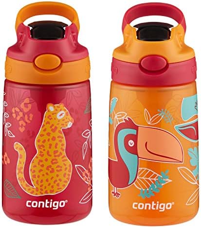 Contigo Aubrey Kids Water Bottle with Silicone Straw and Spill-Proof Lid, 14 oz, 2 Pack, Cheetahs & Toucans