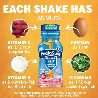 PediaSure Grow & Gain with Immune Support, 27 Vitamins & Minerals for Kids, 7g Protein, Non-GMO, Gluten-Free, Strawberry, 8-fl-oz Bottle, Pack of 24