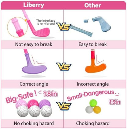 Liberry Toddler Golf Set with Putting Mat for 2 3 4 Years Old Boys Girls, Upgraded Kids Golf Cart with Unique Shoulder Strap Design, Indoor and Outdoor Golf Toys Gifts (Pink)