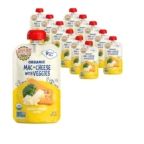 Earth's Best Organic Baby Food Pouches, 9+ Months, Pasta and Vegetable Puree for Babies 9 Months and Up, Organic Mac and Cheese with Veggies, 4 Ounce Resealable Pouch (Pack of 12)
