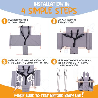Indoor Outdoor Baby Swing with 3-Point Harness and Hardware for Ceiling, Porch, Doorway, Canvas Baby Swing Outdoor Toddler Swing Seat Grey