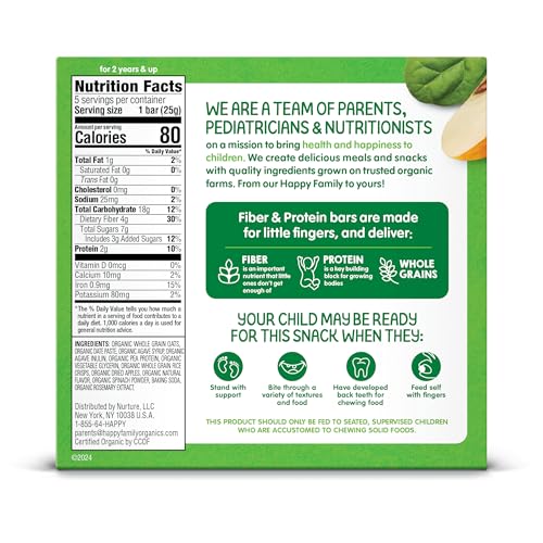 Happy Tot Organics Fiber & Protein Soft-Baked Oat Bars Toddler Snack Apple & Spinach, 0.88 Ounce Bars, 5 Count Box (Pack of 6)