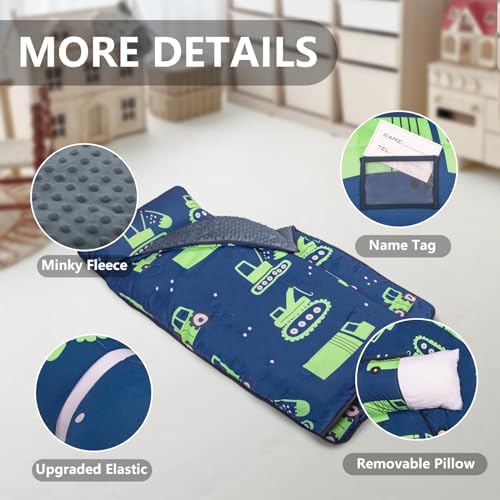Primlect Thickened Toddler Nap Mat with Removable Pillow and Minky Blanket, Extra Large 55''x35'' Sleeping Bag, Washable, Roll up, Perfect for Daycare, Preschool, Kindergarten, Boys (Excavator)