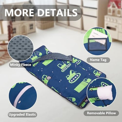 Primlect Thickened Toddler Nap Mat with Removable Pillow and Minky Blanket, Extra Large 55''x35'' Sleeping Bag, Washable, Roll up, Perfect for Daycare, Preschool, Kindergarten, Boys (Excavator)