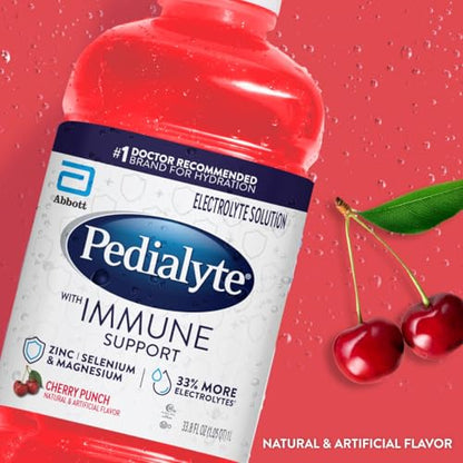 Pedialyte with Immune Support Electrolyte Solution, Hydration Drink with Zinc, Selenium, and Magnesium, Cherry Punch, 1 Liter, Pack of 4
