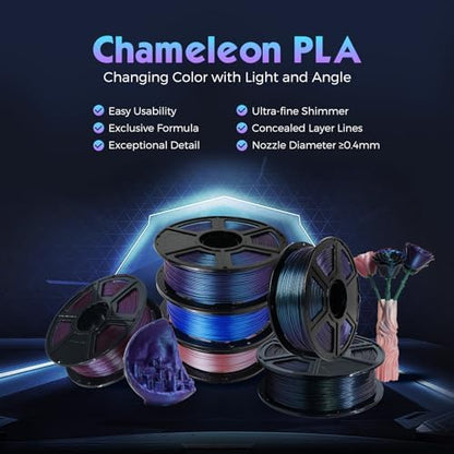 FLASHFORGE PLA Filament 1.75mm +/- 0.02mm Upgraded Nebula Purple, Color Changeable 3D Printer Filament 1kg, Chameleon 3D Printing Filament Changing Colors with Light, Perfectly Conceals Layer Lines