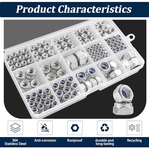 SAE & Metric Nylon Insert Lock Nuts Kit(348Pcs),6#32 8#32 10#24 10#32 1/4-20 5/16-18 3/8-16 1/2-13 M3 M4 M5 M6 M8 M10 M12 304 Stainless Steel Locknuts Sets