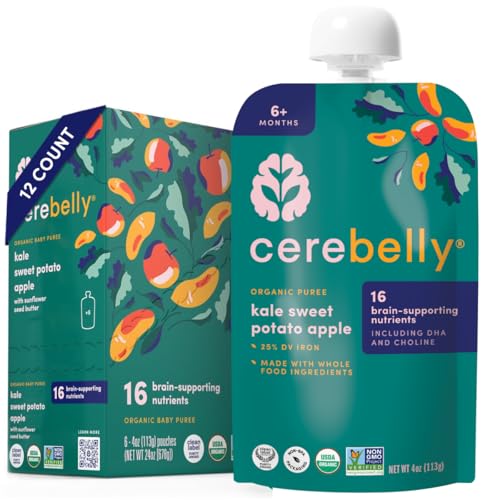 Cerebelly Organic Baby Food Pouches – Organic Veggie Purees for Toddlers | No Added Sugar, Fiber, Non-GMO | Blended Toddler Food | 4oz BPA-Free Baby Food | Kale Sweet Potato Apple | 12 Count