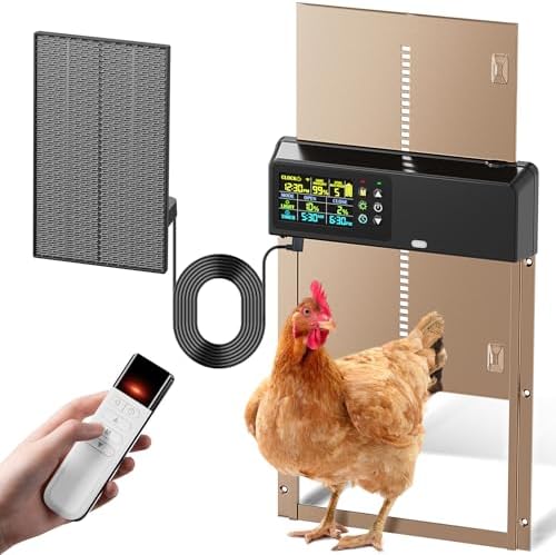 Automatic Chicken Coop Door Solar Powered with Remote Control, Timer and Light Sensor, 4 Modes, Color LCD Display, Aluminum Chicken Door with Adjustable Anti-Pinch