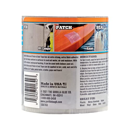 Gorilla Waterproof Patch & Seal Tape, Clear Tape, 4" x 8' (Pack of 2) - Permanent Weather Resistant Seal for Leaks and Repairs