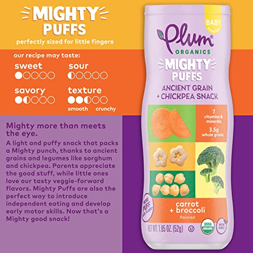 Plum Organics Mighty Puffs Organic Baby Food - Carrot and Broccoli - 1.85 oz Canister (Pack of 6) - Ancient Grains and Chickpea Snacks