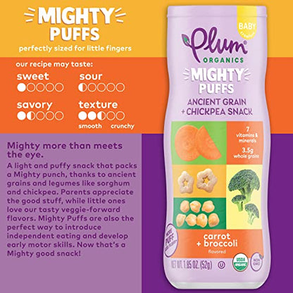 Plum Organics Mighty Puffs Organic Baby Food - Carrot and Broccoli - 1.85 oz Canister (Pack of 6) - Ancient Grains and Chickpea Snacks