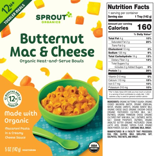 Sprout Organic Baby Food, Toddler Meals, Macaroni Pasta with Butternut Squash Cheese Sauce, 5 Oz Bowl (8 Count)