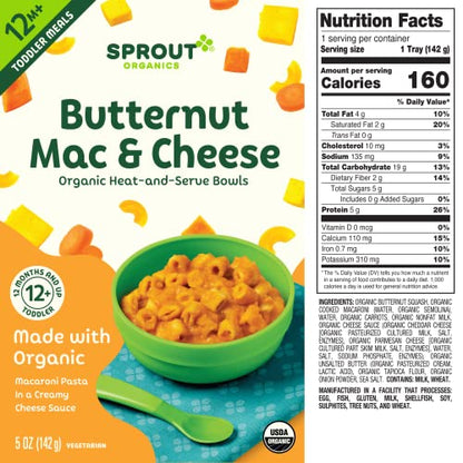 Sprout Organic Baby Food, Toddler Meals, Macaroni Pasta with Butternut Squash Cheese Sauce, 5 Oz Bowl (8 Count)