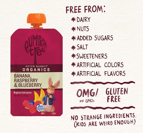 Pumpkin Tree Peter Rabbit Organics, Organic Raspberry, Banana and Blueberry 100% Pure Fruit Snack, 4 oz. Squeeze Pouches (Pack of 10)