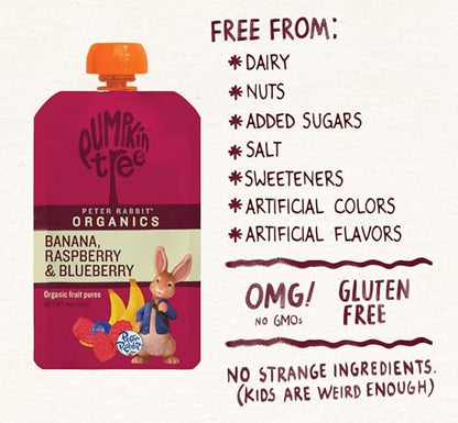 Pumpkin Tree Peter Rabbit Organics, Organic Raspberry, Banana and Blueberry 100% Pure Fruit Snack, 4 oz. Squeeze Pouches (Pack of 10)