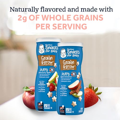 Gerber Stage 3 Baby Snacks, Strawberry Apple Puffs, Puffed Grain Snack, Baby Led Feeding, Iron & Choline, Strawberry Apple Puffs Snacks, 6-Pack