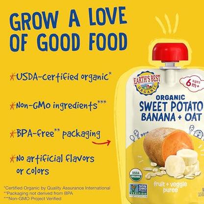 Earth's Best Organic Baby Food Pouches, 6+ Months, Fruit and Grain Puree for Babies 6 Months and Up, Organic Sweet Potato, Banana, and Oat, 3.5 Ounce Resealable Pouch (Pack of 12)