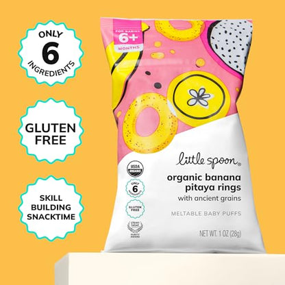 Little Spoon Banana Pitaya Meltable Baby Puffs, Organic Corn Quinoa Sorghum, No Rice, No Added Sugar Snacks, Encourages Self-Feeding, 1 Oz Bag, 4 Pack