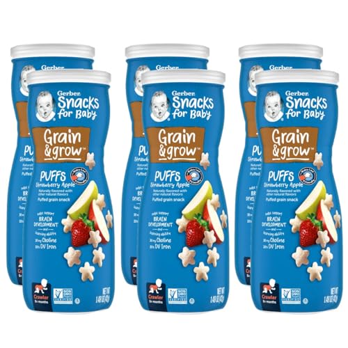 Gerber Stage 3 Baby Snacks, Strawberry Apple Puffs, Puffed Grain Snack, Baby Led Feeding, Iron & Choline, Strawberry Apple Puffs Snacks, 6-Pack
