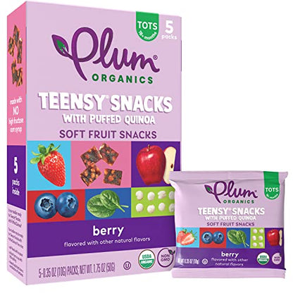 Plum Organics Teensy Snacks Soft Fruit Snacks - Berry with Puffed Quinoa - 0.35 oz Bags (Pack of 40) - Organic Toddler Food Fruit Snacks