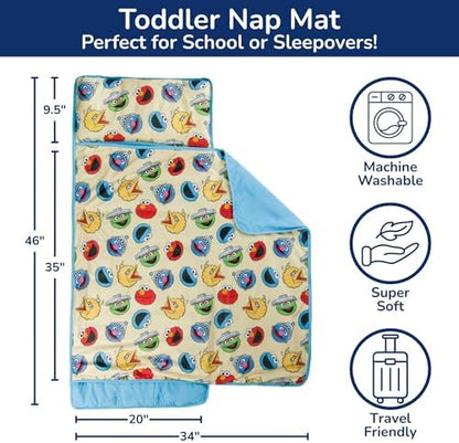 Jay Franco Toddler Nap Mat with Built-in Pillow and Blanket - Soft 46 x 20-inch Microfiber Kids Sleeping Bag for School or Sleepover, Yellow - Sesame Street