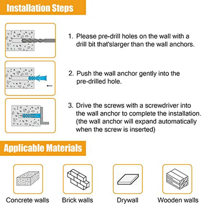 KURUI 510Pcs Wall Hanging Kit with Anchors and Screws, Picture Hanging Kit for Wall Decor Art, Frame, Canvas, Dry Wall Anchors Assortment Kit for Sheetrock Concrete Brick, 6 Sizes Picture Hangers