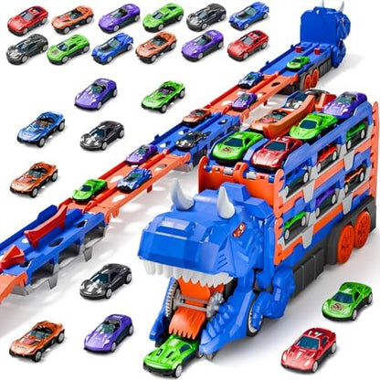 Toddler Car Truck Toys Gifts for 3 4 5 Years Old Boys, Toy Cars Track Set Dinosaur Transport Truck with 12 Pcs Die-Cast Cars Toys, Transforms into Dino, Toy Gifts for 3 4 5 6 Year Old Boys