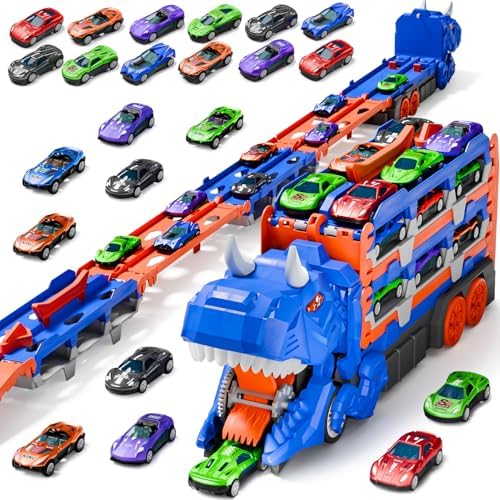 Toddler Car Truck Toys Gifts for 3 4 5 Years Old Boys, Toy Cars Track Set Dinosaur Transport Truck with 12 Pcs Die-Cast Cars Toys, Transforms into Dino, Toy Gifts for 3 4 5 6 Year Old Boys