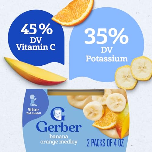 Gerber 2nd Foods Fruits Banana & Orange Medley Pureed Baby Food, 4 Ounce Tubs, 2 Count (Pack of 8)