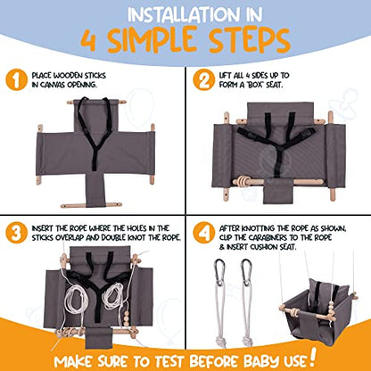 Indoor Outdoor Baby Swing with 3-Point Harness and Hardware for Ceiling, Porch, Doorway, Canvas Baby Swing Outdoor Toddler Swing Seat Dark Gray