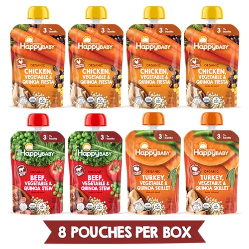 Happy Baby Organics Savory Blends Stage 3 Baby Food Puree, Meats & Veggies 3 Flavor Variety Pack (Pack of 8), Amazon Exclusive