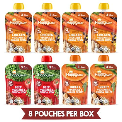 Happy Baby Organics Savory Blends Stage 3 Baby Food Puree, Meats & Veggies 3 Flavor Variety Pack (Pack of 8), Amazon Exclusive