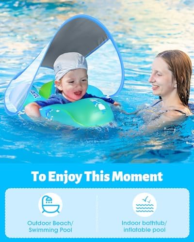 LAYCOL Baby Swimming Float Inflatable Baby Pool Float Ring with Sun Protection Canopy,add Tail no flip Over for Age of 3-36 Months