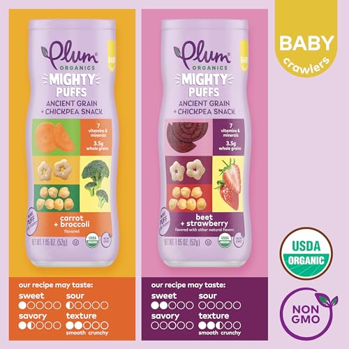 Plum Organics Mighty Puffs Organic Baby Food - Two Flavor Variety Pack - 1.85 oz Canister (Pack of 6) - Ancient Grains and Chickpea Snacks