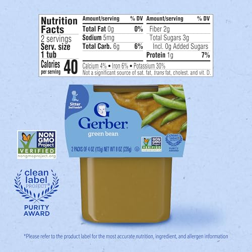 Gerber 2nd Food Baby Food Green Bean Puree, Natural & Non-GMO, 8 Ounce, 2 Count (Pack of 8)