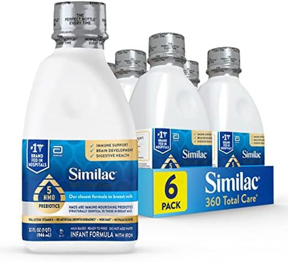 Similac 360 Total Care Infant Formula, Has 5 HMO Prebiotics, Our Closest Prebiotic Blend to Breast Milk, Non-GMO, Baby Formula, Ready to Feed, 32-fl-oz Bottle, Pack of 6