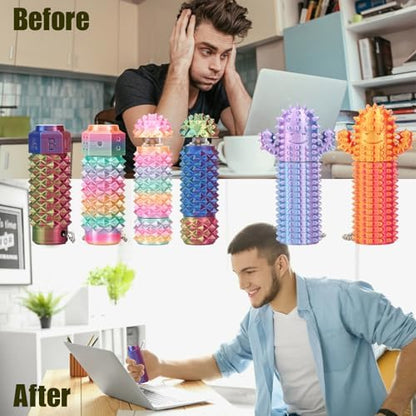 2Pcs Little Ouchies Fidget, Cactus Pain Stim Fidget Toy, Rotating Spiky Grippie Stim Keychain for Anxiety Relief, 3D Printed Portable Stim Tool, Pocket Mini Fidget Toy for Adults Novelty Gifts