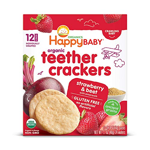 Happy Baby Organics Baby Snacks, Gentle Teething Crackers, Gluten Free & Vegan, Strawberry & Beet, 12 Count (Pack of 6)