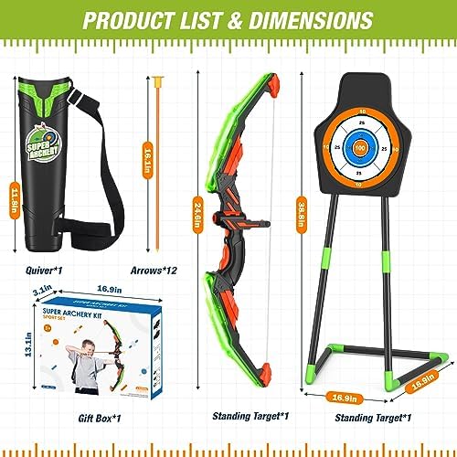 Bow and Arrow for Kids, LED Light Up Archery Set with 12 Suction Cup Arrows, 1 Standing Target, 3 Score Targets & 1 Quiver, Indoor Outdoor Sport Gifts for Boys Girls Ages 4-12, Green