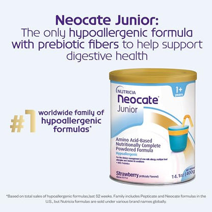 Nutricia Neocate Junior - Hypoallergenic, Dairy-free, Amino Acid-Based Formula for 1+ Years - For Toddlers, Kids & Teens - Powdered Formula - Strawberry - 14.1 oz can (Case of 4)